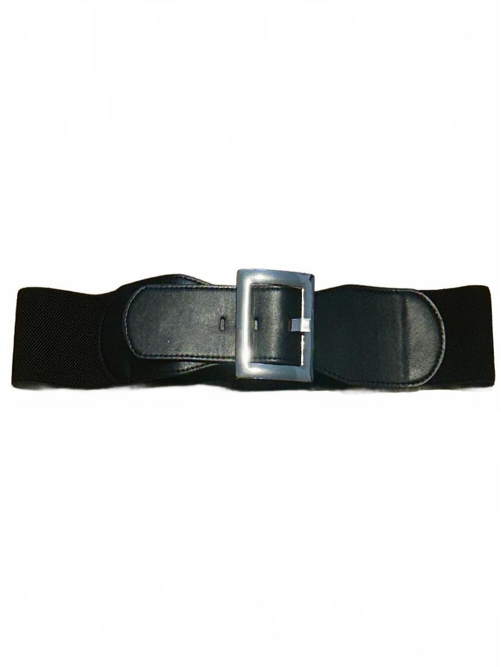 Black Wide Elastic Belt with Large Silver Buckle